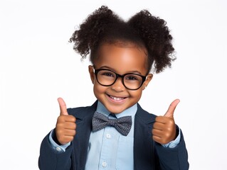 Happy African American toddler girl with framed glasses and polka dotted bowtie, in business suit, smiling and thumb up isolated on white background, studio portrait of cute funny kid on white.
 - Powered by Adobe