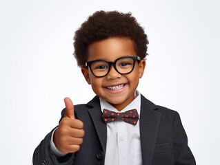 Happy African American toddler boy with framed glasses and polka dotted bowtie, in business suit, smiling and thumb up isolated on white background, studio portrait of cute funny kid on white.
 - Powered by Adobe