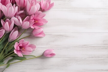 Flowers Composition for Valentine's, Mother's, or Women's Day - Pink Flowers on Old White Wooden Background - Still-Life - Created with Generative AI Tools