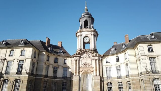 Rennes, France, October 10, 2023: DOLLY SHOT - Rennes City Hall is the seat of the city council in the French city of Rennes. The baroque building was designed by Jacques Gabriel.