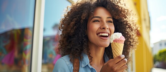 Happy Latin woman enjoying an ice cream cone after buying frozen yogurt at the shop.