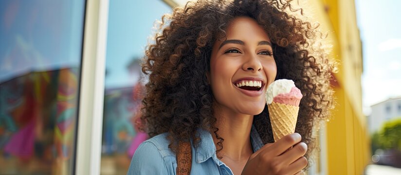 Happy Latin Woman Enjoying An Ice Cream Cone After Buying Frozen Yogurt At The Shop.