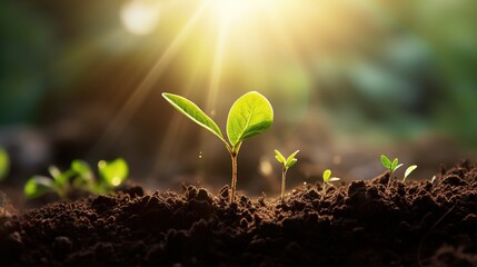 The seedling are growing from the rich soil to the morning sunlight that is shining, ecology concept. wide panoramic banner - obrazy, fototapety, plakaty