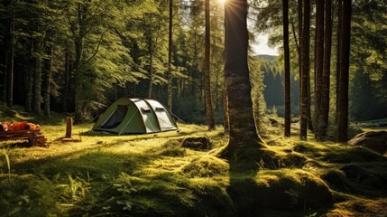 Tourist tent in forest camp among meadow. Travel concept.