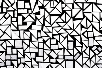 Geometric shape background. White mosaic pieces background. Ceramic decoration texture. Puzzle look...
