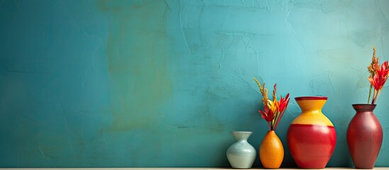 In an abstract design, vibrant colors of green, blue, and red painted on the textured wall create an artful display, while a yellow wallpaper with a grain-like texture adds an intricate touch. Glass