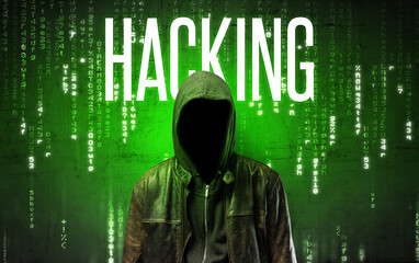 Faceless hacker with inscription concept concept