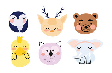 Funny animals illustrations set Scandinavian portrait style. Isolated for fabric and textures.