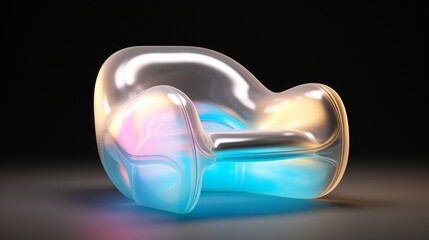 future design, armchair, inflatable, cold light, laser effect, caustics, clear glass, copy space, 16:9