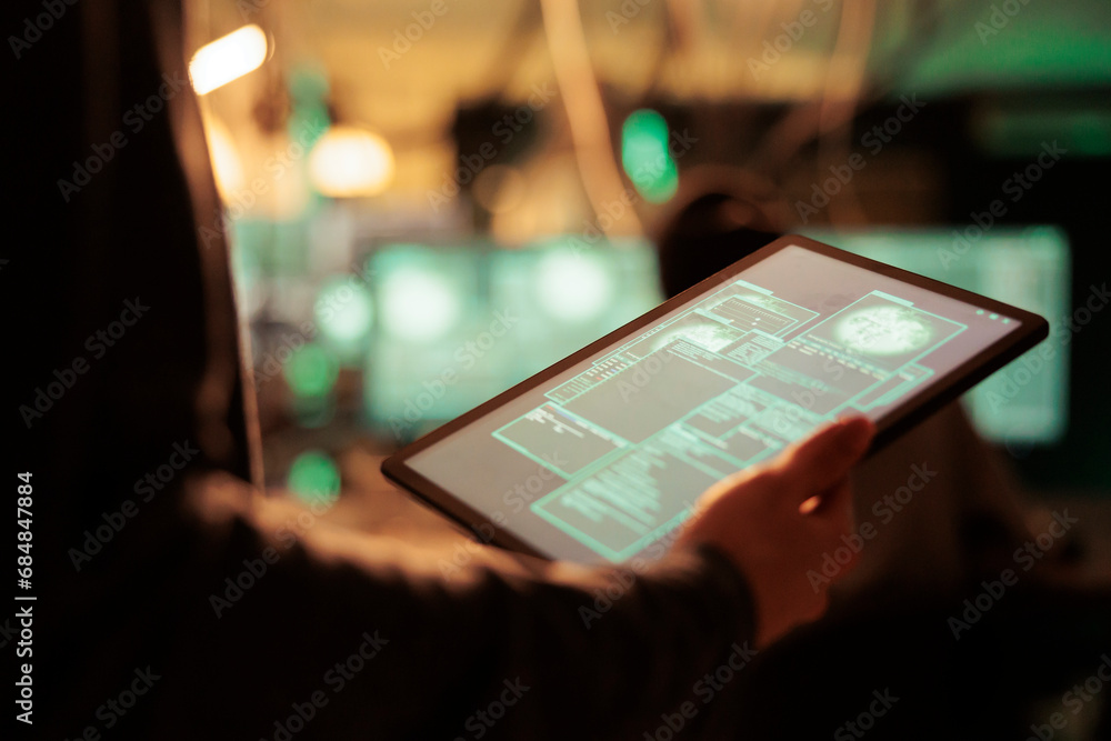 Poster access granted message on digital tablet screen, successful password cracking, database hacking. cyb