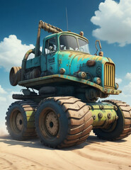 Old vintage bulldozer, 3d animation style