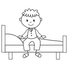 Stick figure  boy  in pajamas sitting on the bed  vector cartoon illustration
