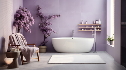 Fototapeta na wymiar Minimalist interior Bathroom with Lavender color theme