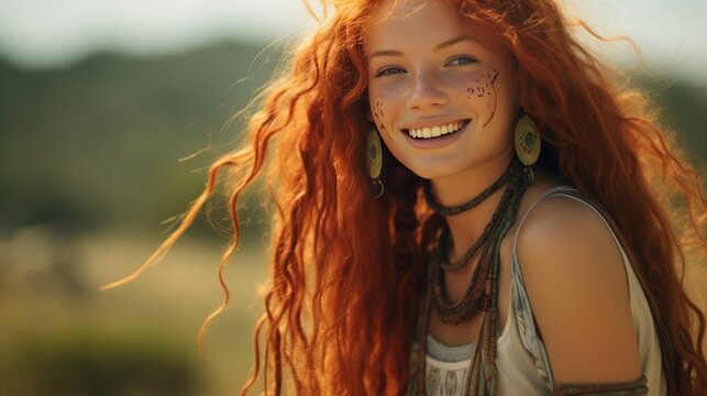  beautiful redhead hippie girl with smile, piercing and rastas, concept: joy of living, copy space, 16:9