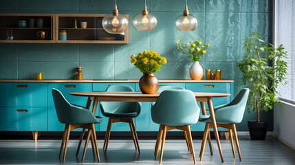 Mid-Century interior Kitchen with Turquoise color theme