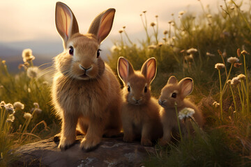 Rabbit and Kits, Bunnies - Soft and gentle, rabbit kits, also called bunnies, stay in their burrows until they are strong enough to venture out - obrazy, fototapety, plakaty