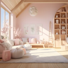 Farmhouse interior Nursery with Pastel Pink color theme