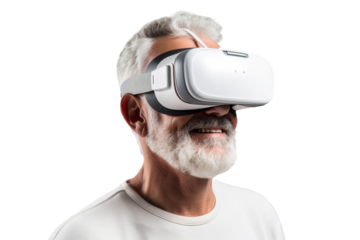Old man using virtual reality headset. Isolated on transparent background. VR, future, gadgets, technology, video game concept