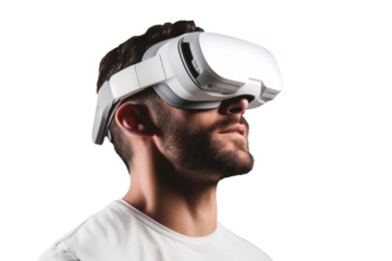 A man using virtual reality headset. Isolated on transparent background. VR, future, gadgets, technology, video game concept