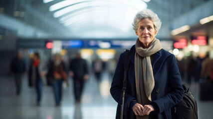 Elegantly aged, mature woman with silver hair looks on pensively amidst the airport's rush, her timeless style speaking of countless stories etched in her journeys