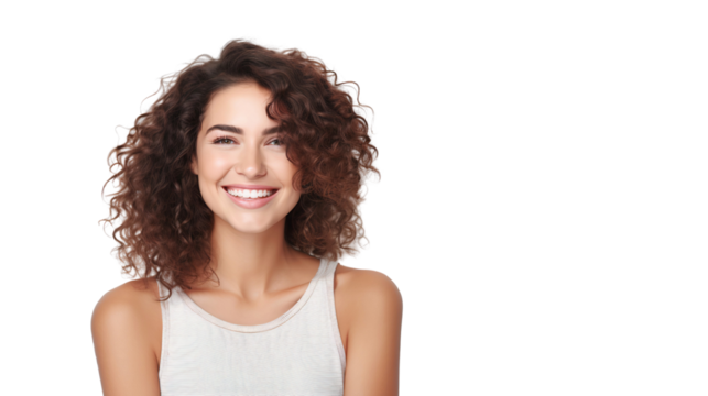 Portrait of a woman with a joyful expression, smiling and looking at the camera, isolated on transparent background