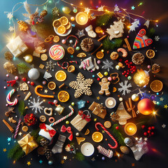 Bright Colorful Christmas and New Year Creative Layout, Pinecones, Candles