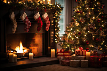 A decorated christmas tree in front of a fireplace