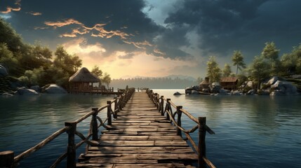 wooden bridge over a body of water, wallpaper, copy space, 16:9 - Powered by Adobe