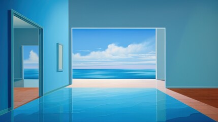 Empty beach front room with indoor pool, surreal perspective architecture simplicity - calm ocean blue sky view - minimalist freedom.