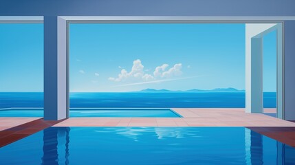 Empty beach front room with indoor pool, surreal perspective architecture simplicity - calm ocean blue sky view - minimalist freedom.