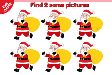 Fototapeta premium Educational kids game. Find 2 same picture with Christmas Santa Claus running with a bag of gifts. Puzzle for school education children. Holiday New Year activity book. Flat vector cartoon character.