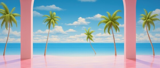 Surreal dreamscape of vivid blue sky and calm ocean with palm trees on the beach.