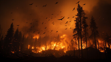forest on fire, birds escaping from the fire 
