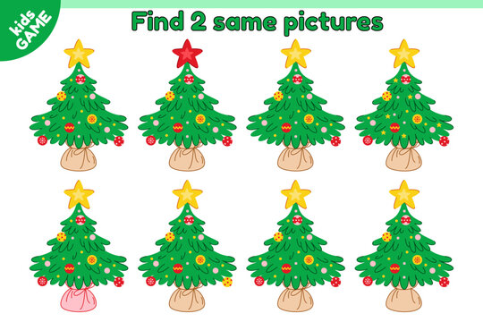 Educational kids game. Find 2 same picture with Christmas tree. Puzzle for preschool and school education. Page of activity book for children. New Year decorated spruce. Holiday vector illustration.