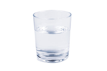 A simple glass half full of fresh crystal clear mineral water, object isolated on white background,...