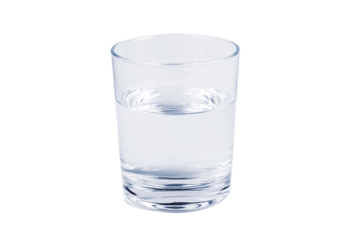 A simple glass half full of fresh crystal clear mineral water, object isolated on white background, cut out, front view. Hydration, drinking water daily intake abstract concept, nobody