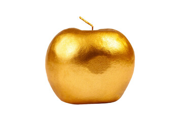 Golden apple, a shiny apple made out of gold, real light gold colored apple fruit, object isolated on white background, cut out, nobody. Royalty, forbidden fruit, wealth symbol, abstract concept