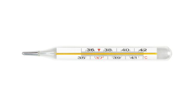 Classic traditional old glass mercury thermometer with a Celsius scale on it, single object isolated on white background, cut out, top view. Temperature measurement instrument simple concept, nobody