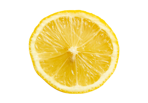 Fresh juicy natural organic lemon fruit cut in half, round split organic natural yellow lemon half front table top view, object isolated on white background, cut out, nobody, circle shape closeup