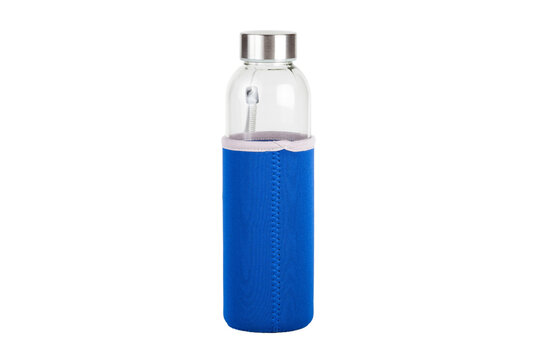 Generic modern design glass water bottle in a protective blue sleeve, front view, object isolated on white background, cut out, nobody. Hydration, water containers for sport and travel simple concept