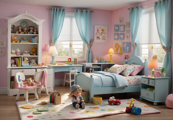 children's room, toys, books, bed
