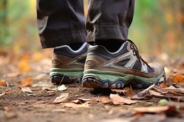Close up shot of hikers feet in hiking shoes, walking through nature during an outdoor adventure
