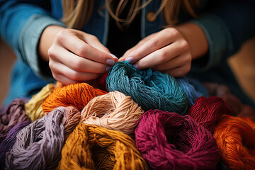 A woman is knitting a skein of yarn