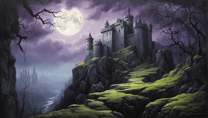 Dark fantasy castle illustration on the hill 