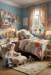 children's room, toys, books, bed