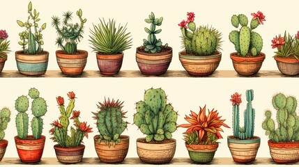 Vintage Handpainted Watercolor Seamless Pattern of Cacti Varieties AI Generated