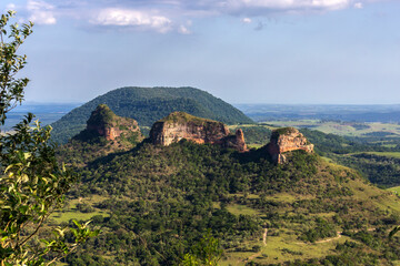 View of the rock formation known as Três Pedras, a set of testimonial hills, located in the rural area of the municipality of Bofete, tourist region of Polo Cuesta, interior of São Paulo, Brazil