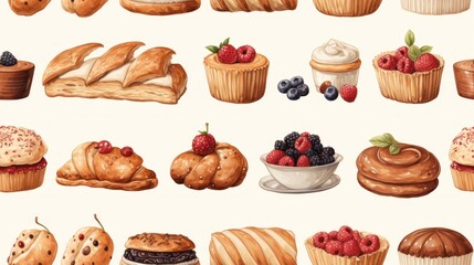 Delicious Bakery Items and Pastries in Watercolor Style Seamless Pattern AI Generated
