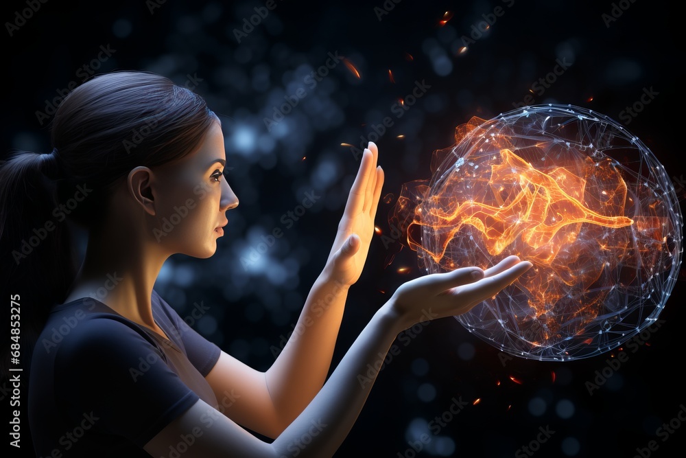 Poster ai revolution. hand touching big data network for futuristic science and technology