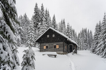 Small wooden hut in winter Jizera Mountains, Czechia
